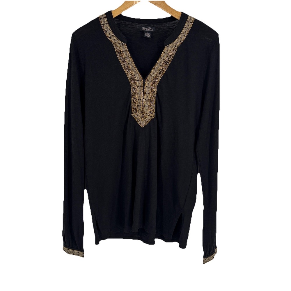 Y2K Lucky Brand Womens Tunic Top XL Black Beaded Boho Festival Hippie Whimsigoth